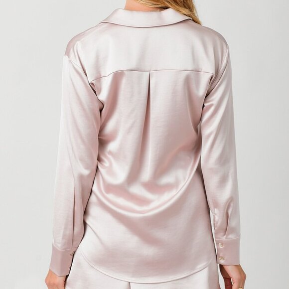 MYSTREE Mauve Satin Blouse – Long Sleeve Button Down Top Dressy Silky Shirt - Picture 2 of 4